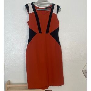 CLN Womens Rust Orange Geometric Colorblock Sheath Dress V-Neck Size S